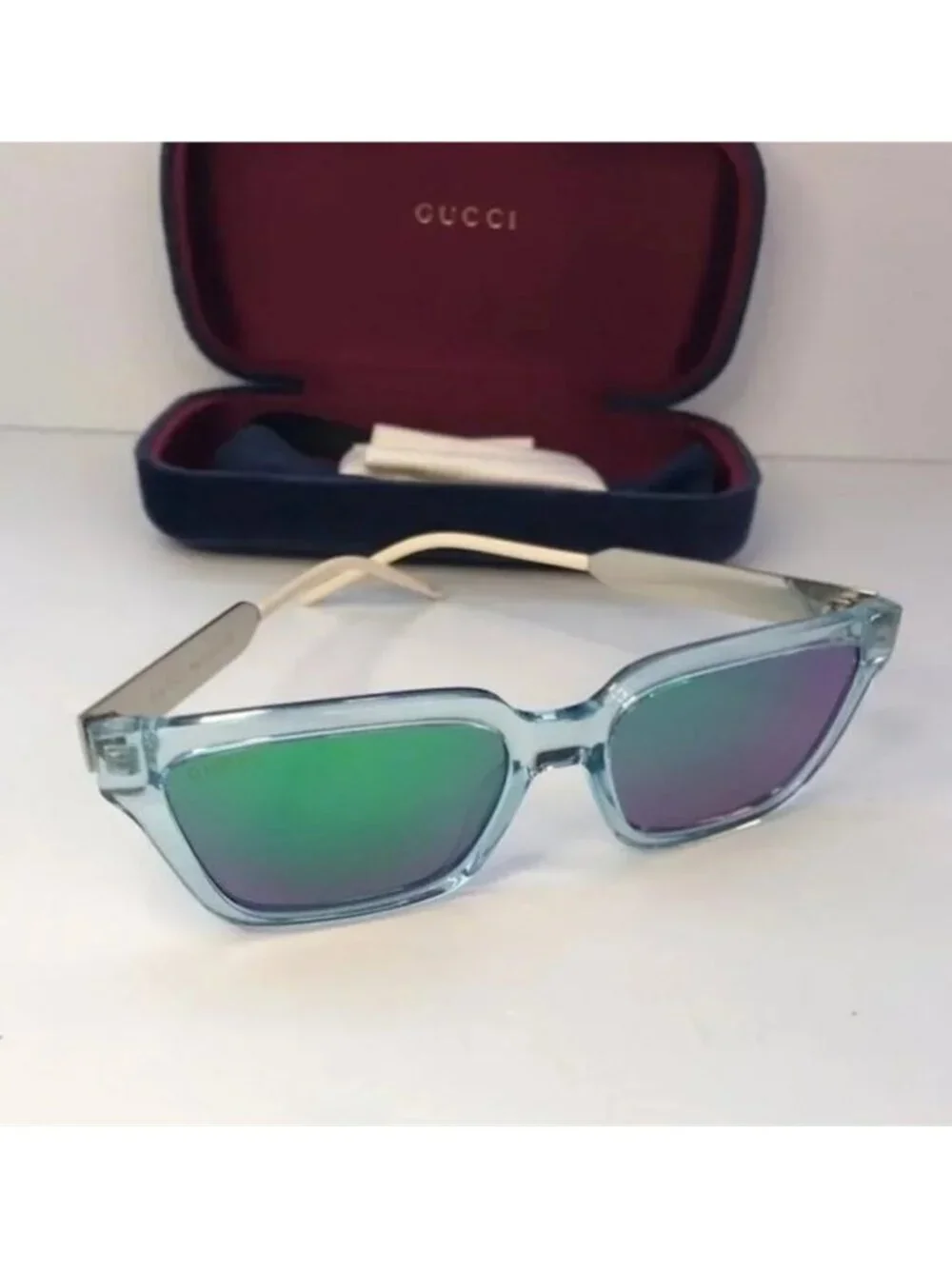 💯 - New - Authentic Gucci Light Blue/Metallic Gradient GG0975S Mirrored Squa…